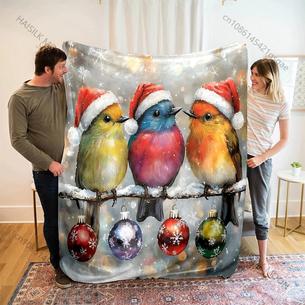 Festliche Vögel mit Weihnachtsschmuck Muster Decke Flanell Material Weich Warm für Alle Jahreszeiten, Zuhause Outdoor Camping Picknicks