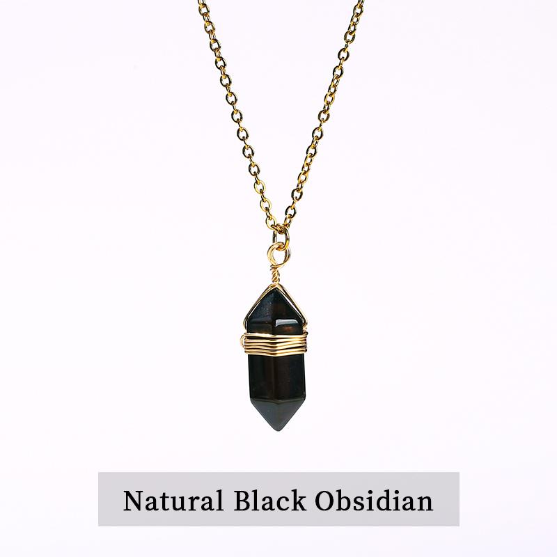 JD Natural Stone Amethyst Yellow Tiger Eye Obsidian Hexagon Column Charm Necklace Women Men Fashion Energy Healing Chain Choker