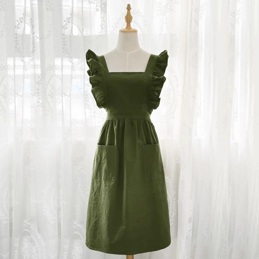 Cross Back Apron Kitchen Apron Ruffled with Pockets for Chef Gardening Pink Work Women with Big Pinafore Dress Cooking Baking
