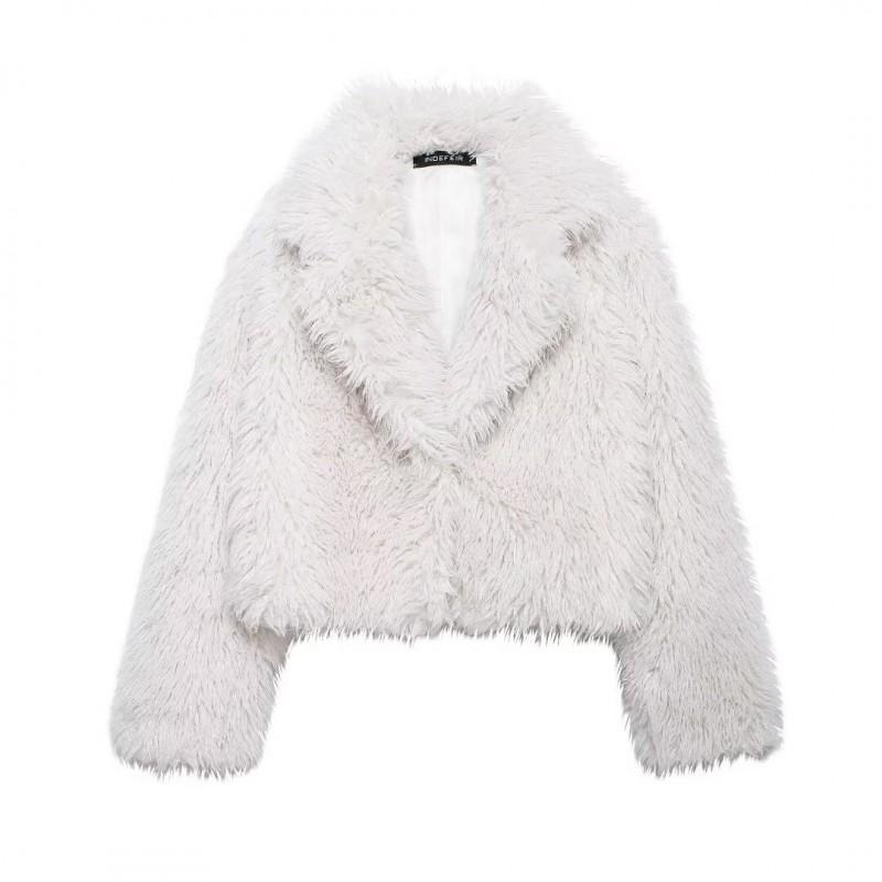 Womens Short Faux Fur Coat With Lapel Collar Long Sleeve 2025 Elegant Chic Outerwear In White Burgundy Coffee