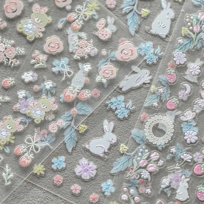 Lovely Bear Rabbit Cartoon 5D Embossed Reliefs Self Adhesive Nail Art Decorations Stickers 3D Manicure Decals