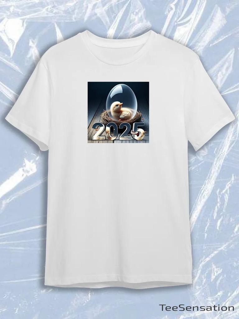 TeeSensation White Crew Neck Short Sleeve T-Shirt with New Year 2025 Chick Nest Print