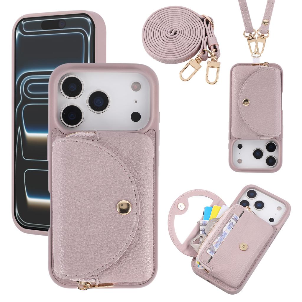 Crossbody Long Lanyard Leather Cards Solt Wallet Case For iPhone 17 Pro Max 16 Plus 15 14 13 Built in Makeup Mirror Bag Cover