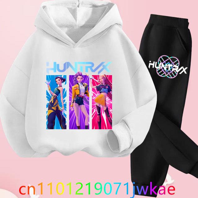 Teen KPop Demon Hunters Hoodies+Pants Sets Boys Girls Korean Anime Movie Hoody Fashion Long Sleeve Kids Hooded Sports Suits