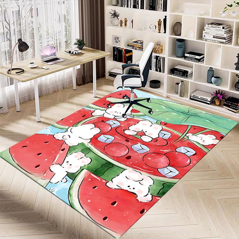 1PC Rabbit eating chilled watermelon Flannel Blanke Carpet Ultra Soft, Thick & Absorbent, Non Slip Machine Washable Mat for Entryway