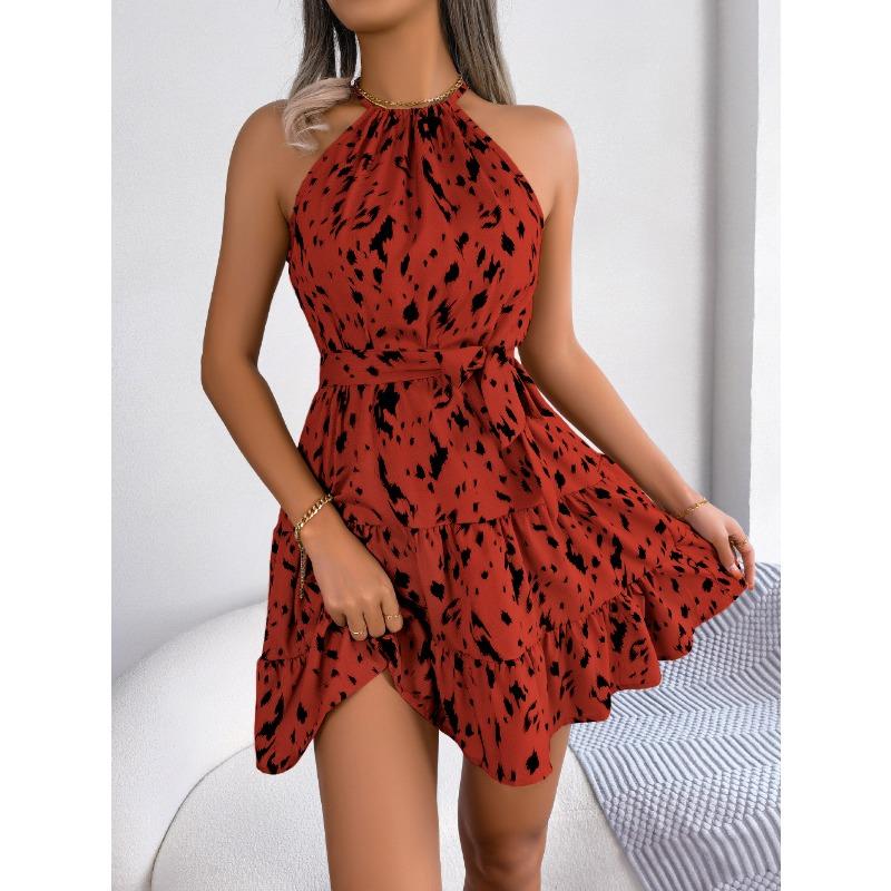 VEZFAA Dámská móda Léto Jaro Leopardí potisk Bez rukávů Zavazování za krk Ležérní šaty