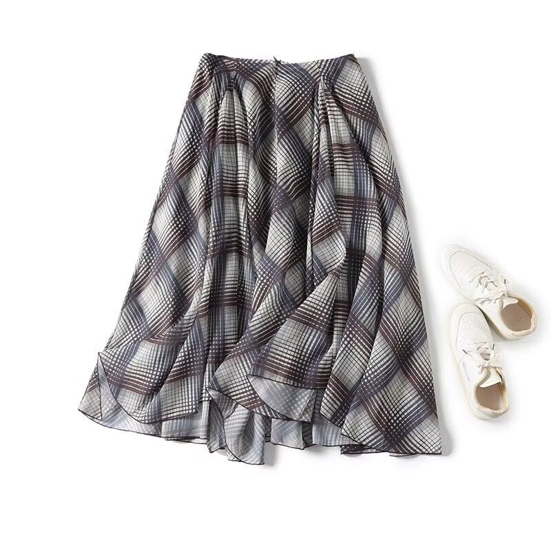 

MD Women s Clothing Fall and Winter New Arrival Art Plaid Elegant Draping Effect Long Flared Skirt 05214888717 Brown check L