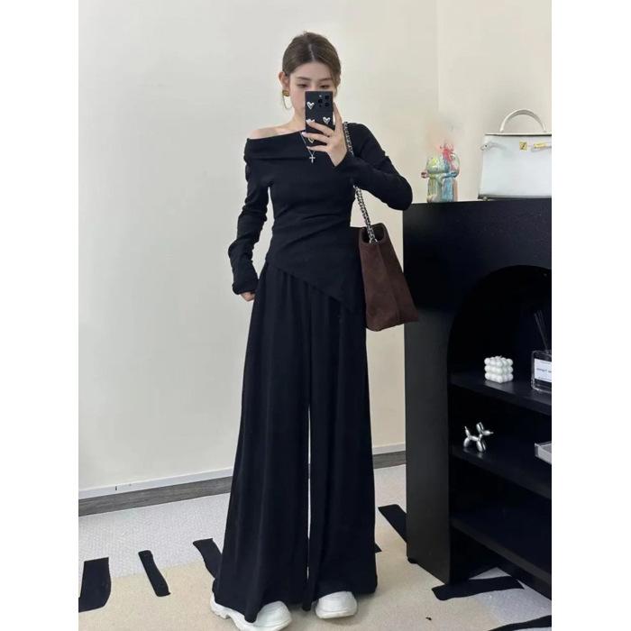 

Temperament suit Slim fit and thin one-word shoulder long-sleeved top women s autumn wide-leg pants long pants two-piece set XXL