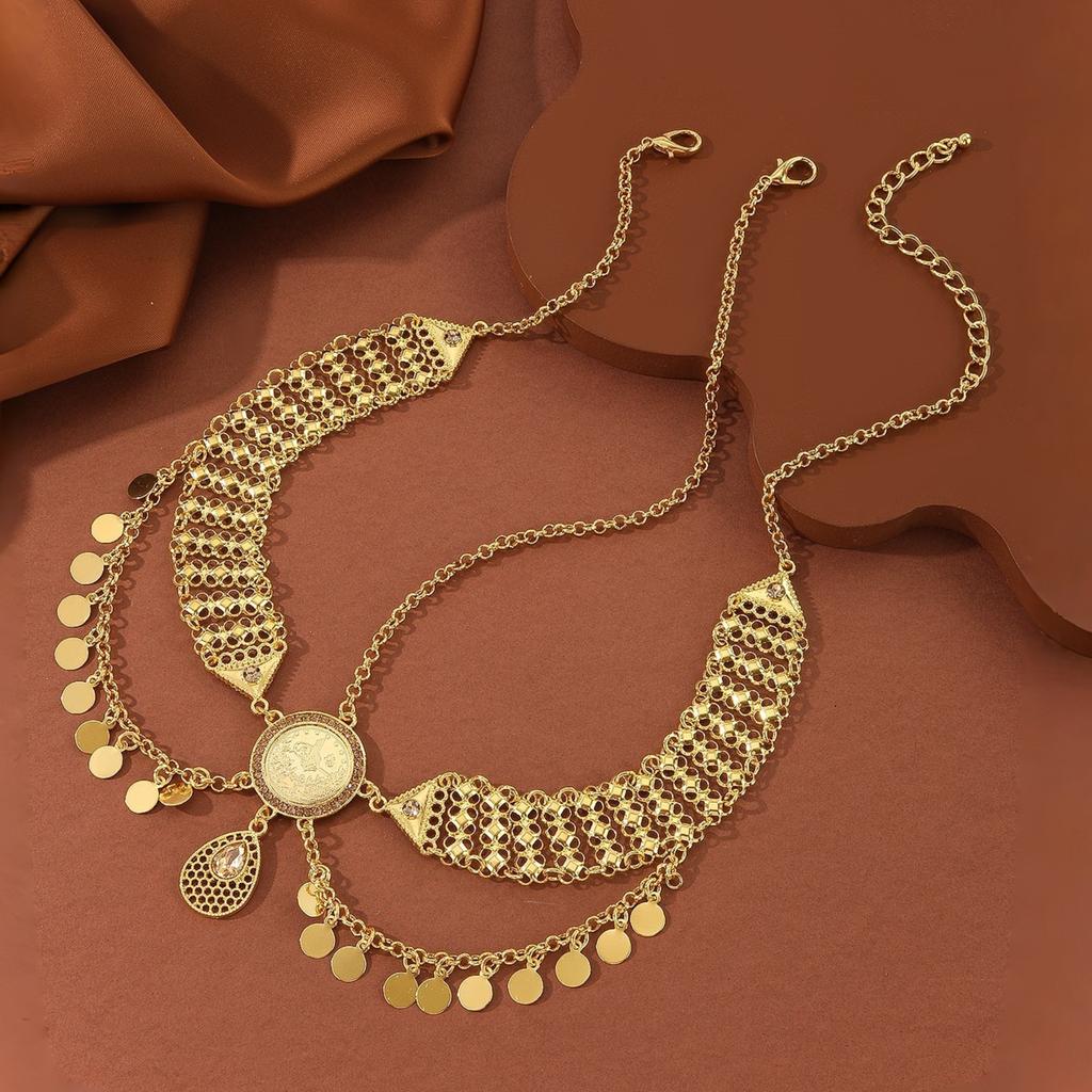 Orientalischer Kopfschmuck Goldfarbene Legierung Münze Strass Wassertropfen Paillette Quaste Kopfkette Hochzeit Braut Kopfschmuck