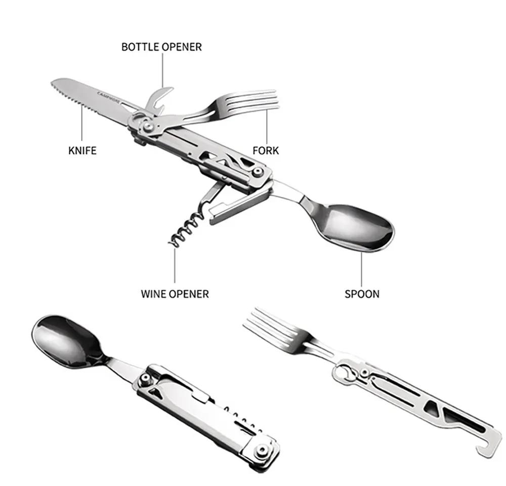 Outdoor Kitchen Tableware Multifunctional Folding Spoon Cutlery Set Portable Stainless Steel Tableware Camping Equipment