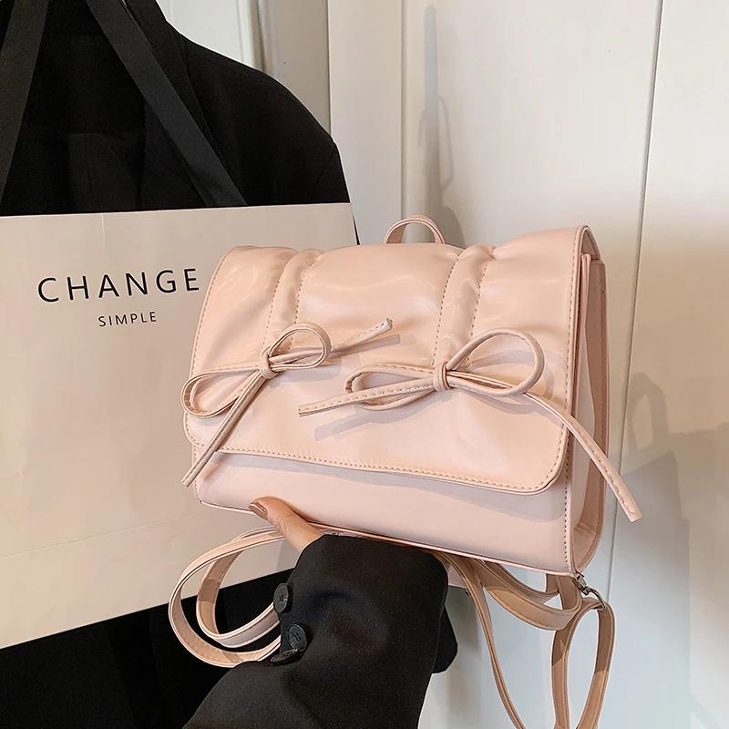 Bow Design PU Ladies Fashion Backpacks Sewing Thread Pleats Bags for Women  New Fashion Zipper