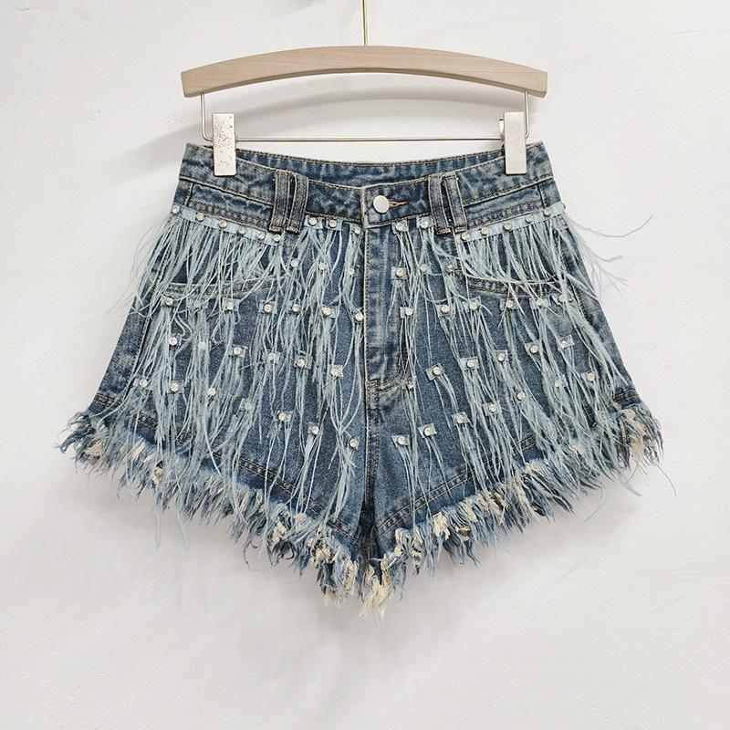 European station summer ostrich hair decoration heavy industry diamond edge pure wind heavy industry thin denim shorts women S