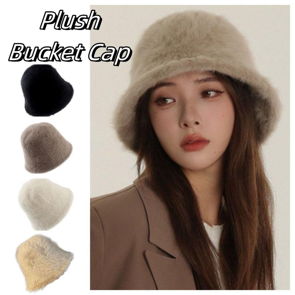 Furry Plush Bucket Cap Knitted Anti-cold Bucket Hat Temperament Winter Fisherman Hat  Daily