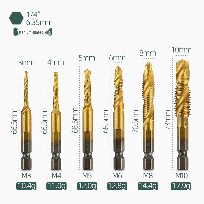 Yunbei Titanium-Plated High-Speed Steel Spiral Tap Drill with Hexagonal Shank