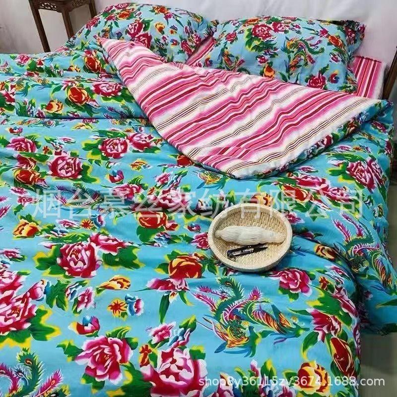 

Northeast Large Flower Cloth Ethnic Style Bed Sheet Quilt Cover Four-Piece Dormitory Bed Sheet One pillowcase Phoenix light green