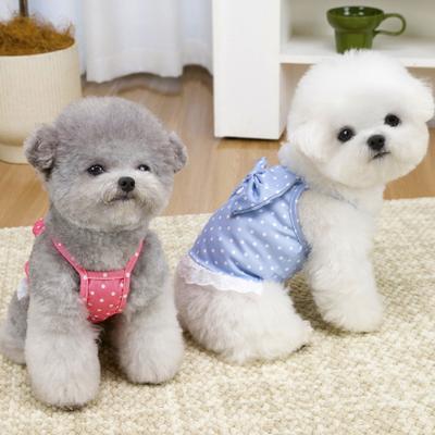 Cute Dot Print Dog Dress Lace Ruffle Trim Princess Dress with Large Bow Summer Sleeveless Pet Outfits with D Ring for Small Dogs Cats