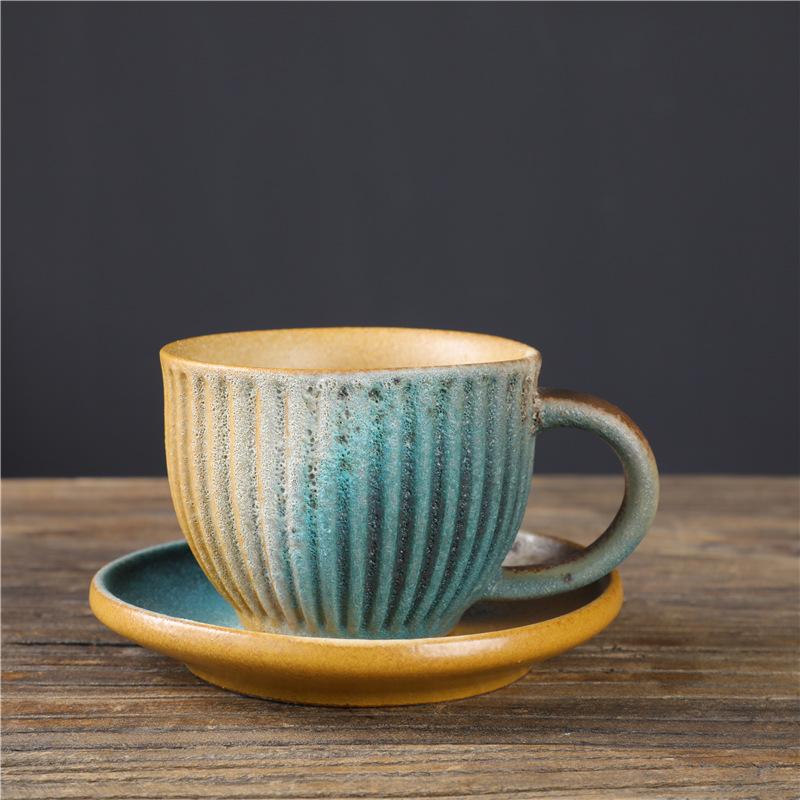 Gestreiftes Kaffeetassen- und Untertassenset, Retro Brennveränderung Kaffeetasse Kreative Keramiktasse Leichter Luxus Nachmittagstee Grobkeramiktasse