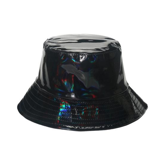 Bucket Hat, Three-Dimensional Wide Brim Fisherman Hat, Waterproof Imitation Leather Cool Metallic Shine Sun Hat, Stage Performance Hat for Hip-Hop чёрный
