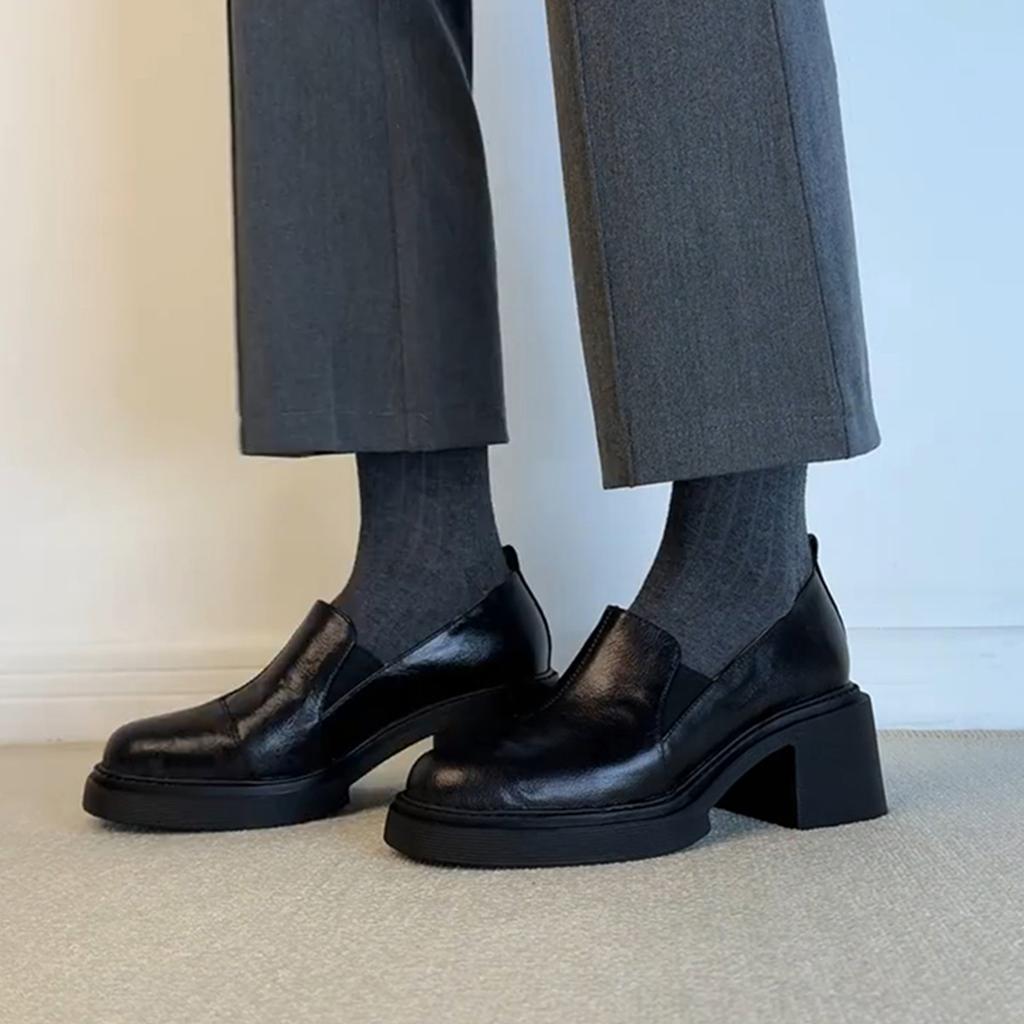 Sheepskin version~ High heel round head loafers women's black leather versatile small leather shoes fashionable one-pedal deep mouth single shoes