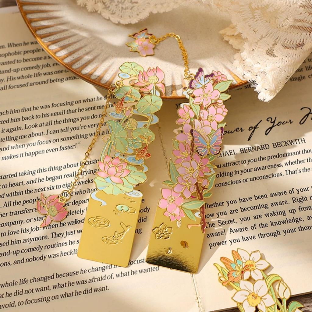 12 Monthly Climate Flowers Bookmark Exquisite Artistic Metal Bookmarks with Long Chain Tassel Students Book Clip Reading Tool