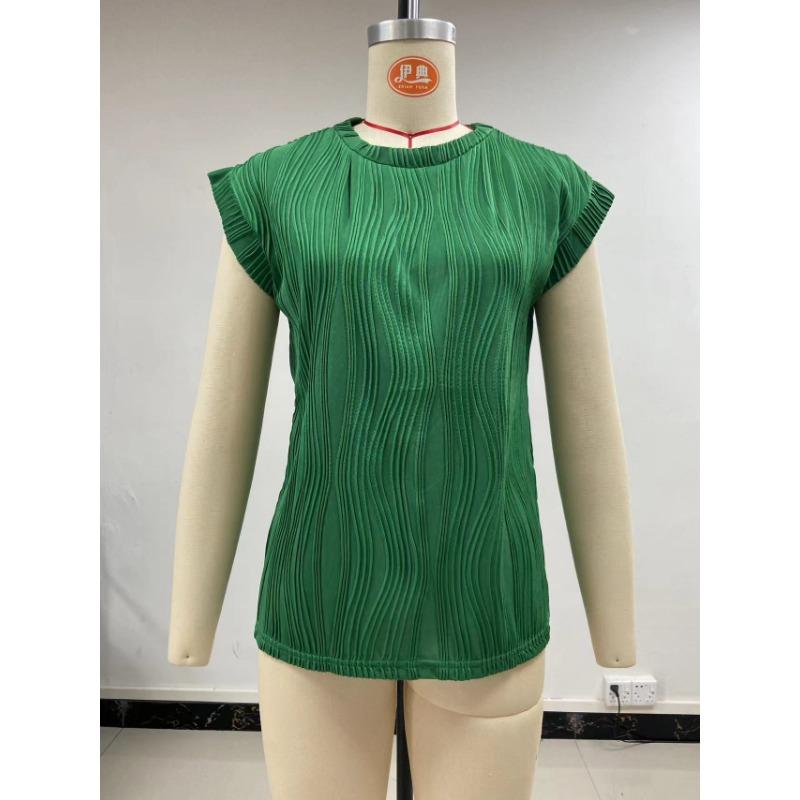 Round Neck Short Sleeved Textured T-shirt Top for Women