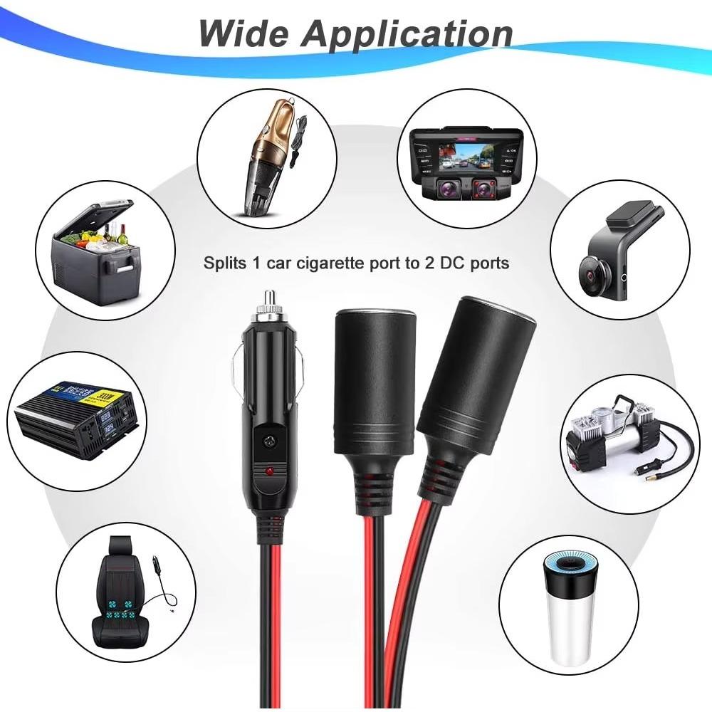 Extractme 1.8M Cigarette Lighter Extension Cord Cable 16AWG UL Wire 2-Way Car Splitter Adapter Power Charger Port with 15A Fuse