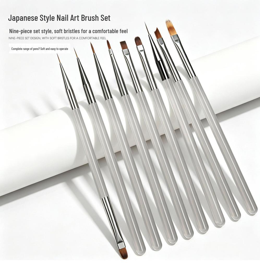 Japanese 9-Piece Nail Art Brush Set for Color, Liner, Blending, Flower, and Gradient Designs