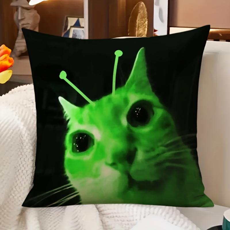 1Pc Funny Alien Cat Print Pillow Cover, 2D Double-Sided Polyester Cushion Case, Green Meme Decor Pillowcase, Gift For Cat Lovers Peach skin 18*18(CM)-1Pcs