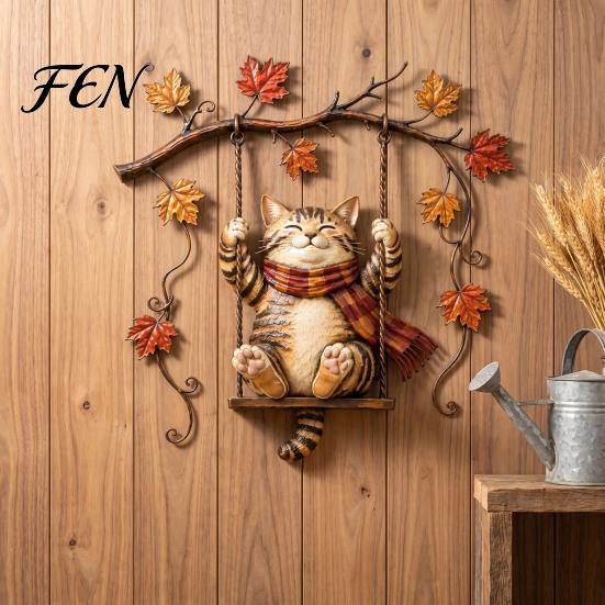 Autumn Theme Door Decorations Cat Metal Wall Decor, Fall Tin Sign Plaque, Swing Indoor Outdoor Art Decoration for Thanksgiving Harvest Festival,