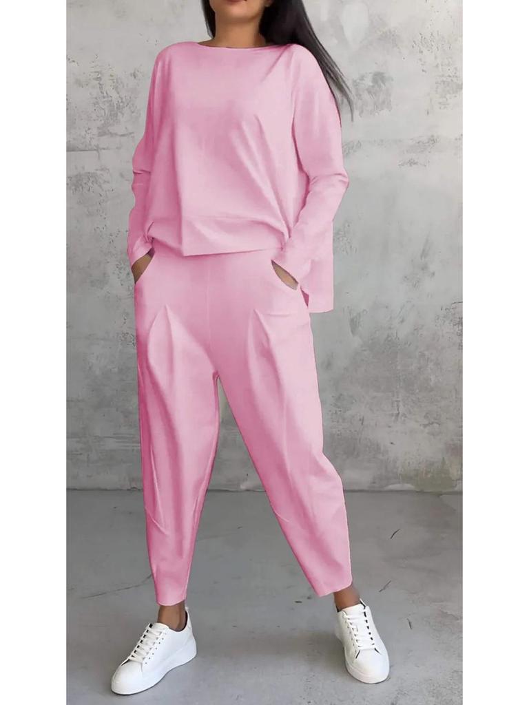 2025 European & American Women's Solid Color Casual Round Neck Long Sleeve Two-Piece Set