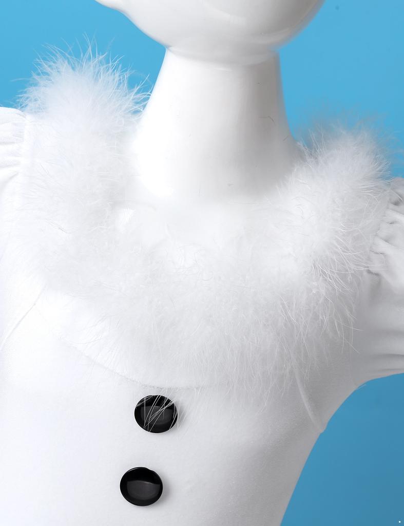 Girls Christmas Dance Dress Feather Trim Short Puff Sleeves Decorative Buttons Sequined Mesh Leotard Skating Costume