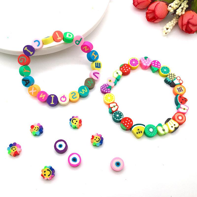 Diy Soft Pottery Bead Separation Mixed Color Fruit Cartoon English Letters Perforated Loose Beads, Sliced Bracelet Material