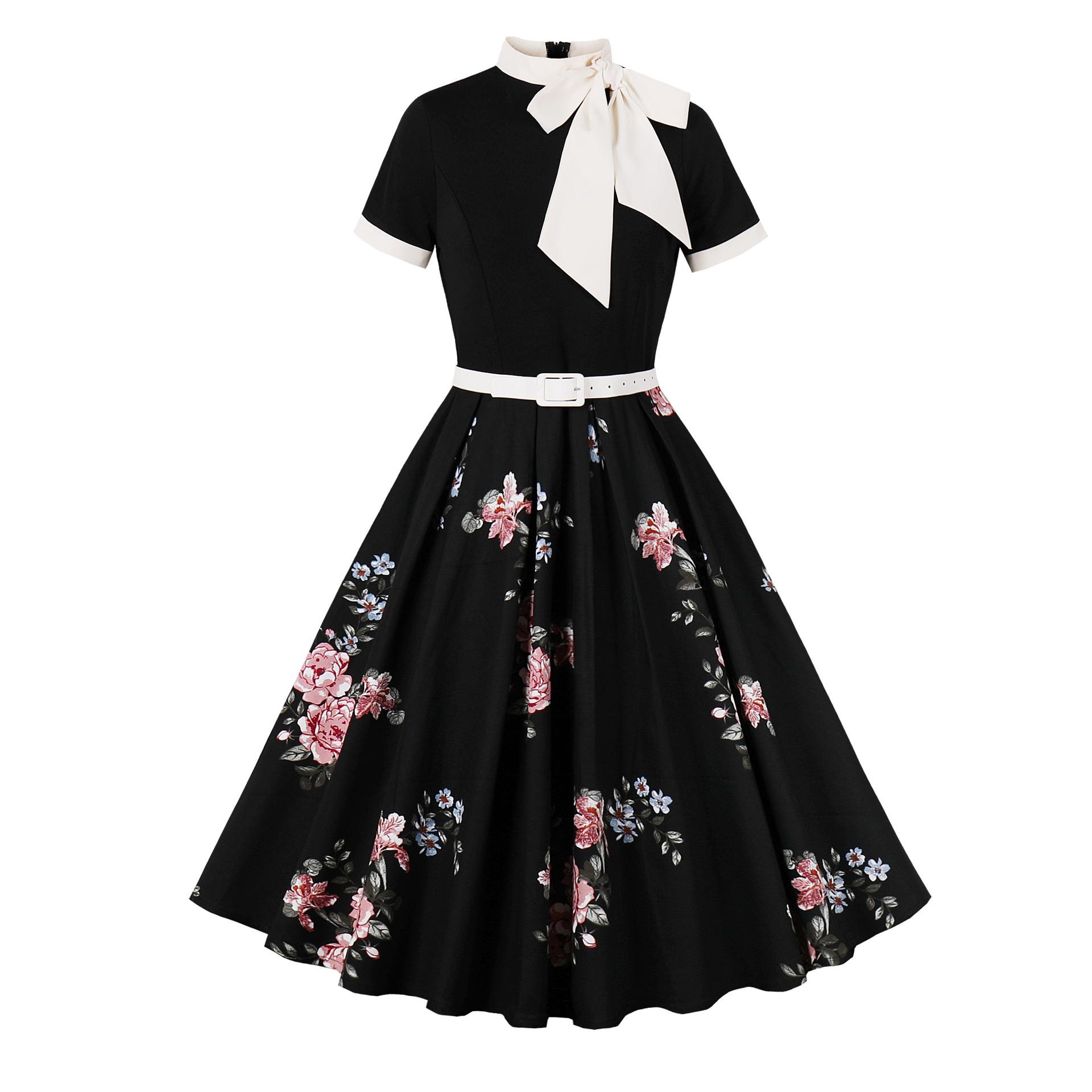 

Women s Fashionable Retro Hepburn-Print Floral Polka Dot Bow Dress For Summer XXL