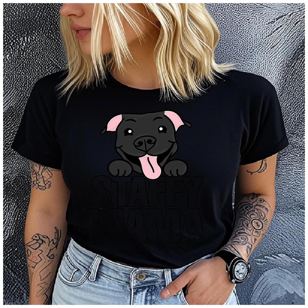 Polyester 100% Staffy Mama Cartoon Staffie Print T Shirt Women Staffordshire Bull Terrier Lover Casual Daily Basic Short Sleeve Top