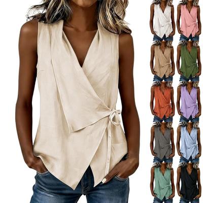 Women Solid Sleeveless Tie Waist Casual Blouse, Spring Summer European American Style Shirt