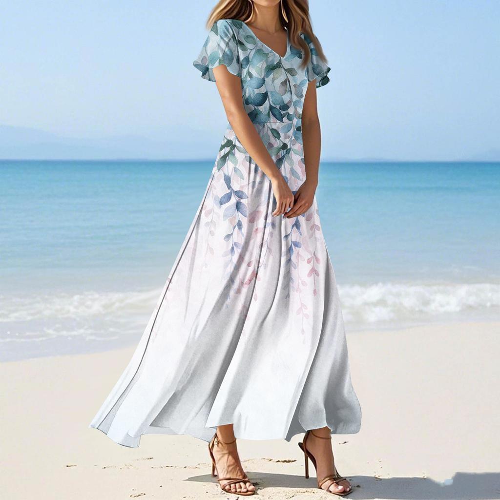 Women's Summer Casual Fashion Print Color Dresses V-Neck Short Sleeve Dresses
