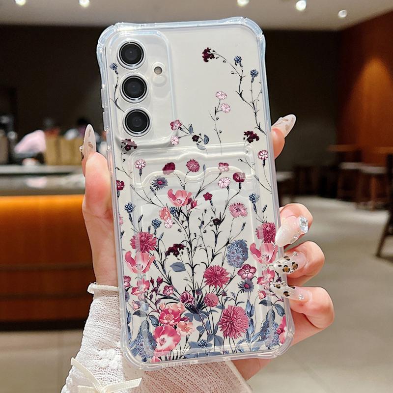 Fashion Floral Print Shockproof Clear Silicone Case For Samsung S24 FE S23 Ultra S22 A16 A15 A55 A35 A54 A14 Card Slot Soft Transparent Phone Cover