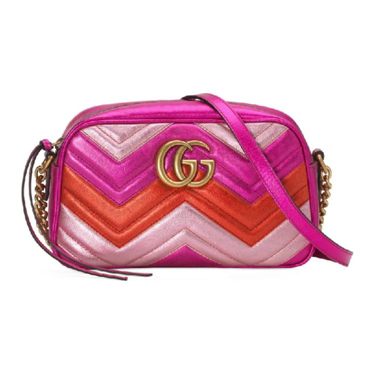 

Gucci GG Marmont Chevron Quilted Metallic Fuchsia Pink Multi Color Leather Camera Bag With Gold Hardware For Women Luxury Daily Use Basic Set (Bag+Dust Bag)
