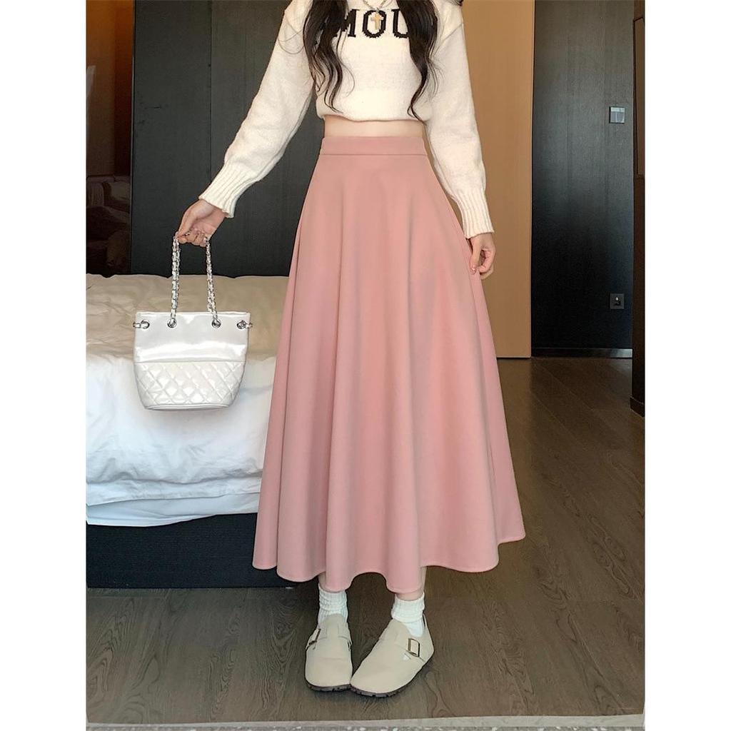 White High Waist Woolen A-line Pleated Skirt for Women - Long, Thickened, and Perfect for Autumn/Winter