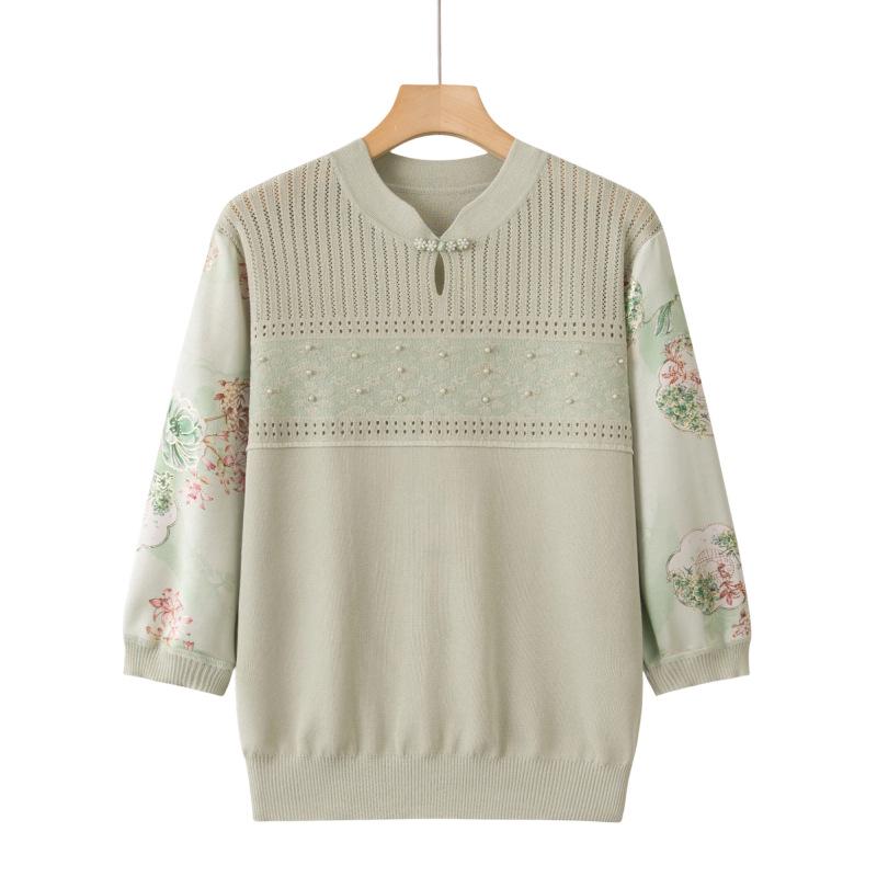 

Mom s Spring Sheer Sleeve Knitted Top for Middle-Aged Women - Stylish Mid-Sleeve Summer Shirt XL 90-115 Jin