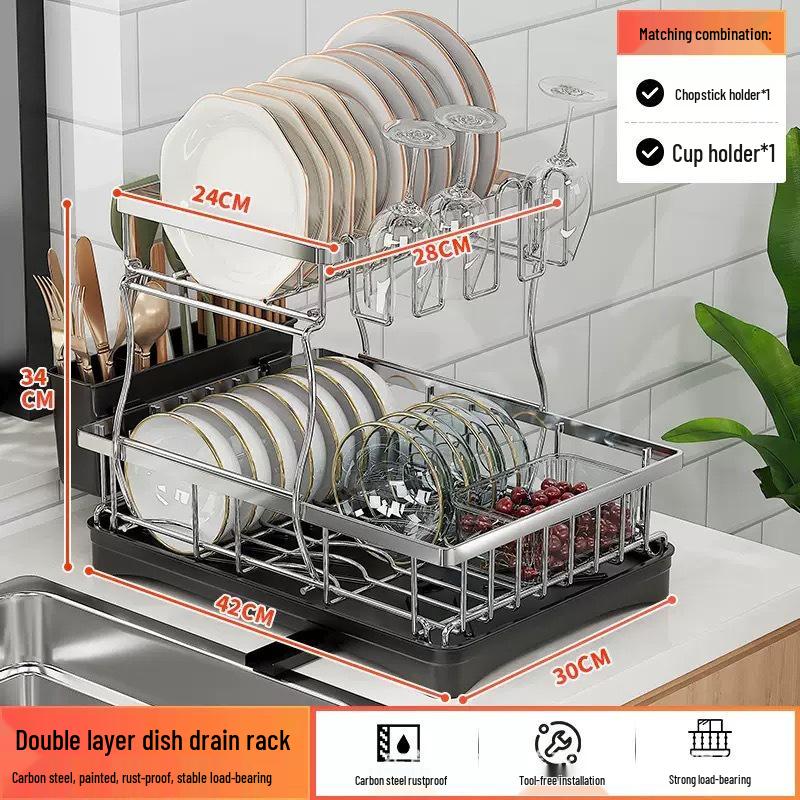 Double-Layer Kitchen Storage Rack: Countertop Bowl, Plate, Cup, and Utensil Holder with Draining Function