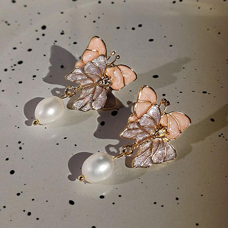 1Pair Purple Dream Butterfly Pearl Stud Earrings Korean Exquisite Gentle Sweet Earring For Women Girl Party Wedding Jewelry Gift