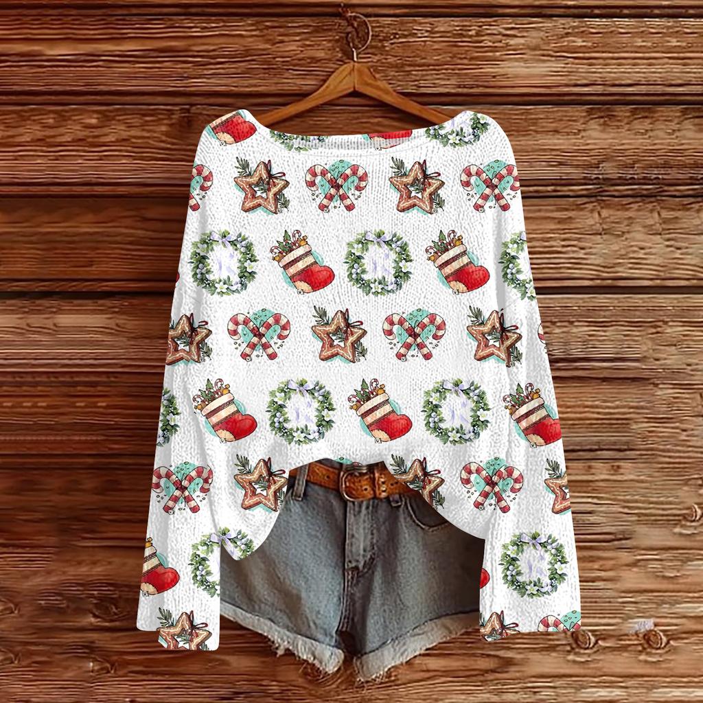 Women's Fashionable Oversized Knitwear Long-Sleeved Christmas Print Top