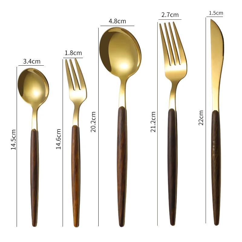 5PCS Stainless Steel Imitation Wooden Handle Cutlery Set Knife Fork Spoon Western Tableware Kitchen Flatware Set Dinnerware