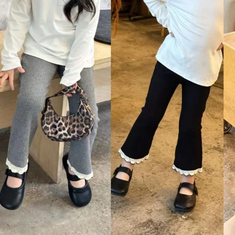 Children Casual Simple Pants Autumn and Winter New Korean Style Girls Leggings Cotton Solid Color Stretch Bell Bottoms Amagi