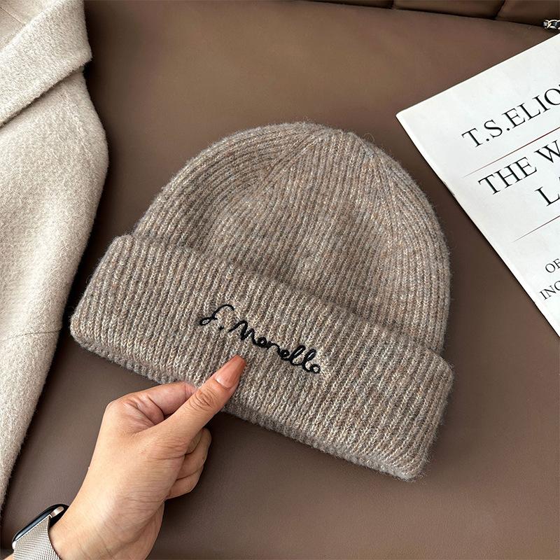 Letter Embroidered Wool Knitted Hat, Casual, Versatile, Thermal and Ear - Protecting, Suitable for Big Head Circumference