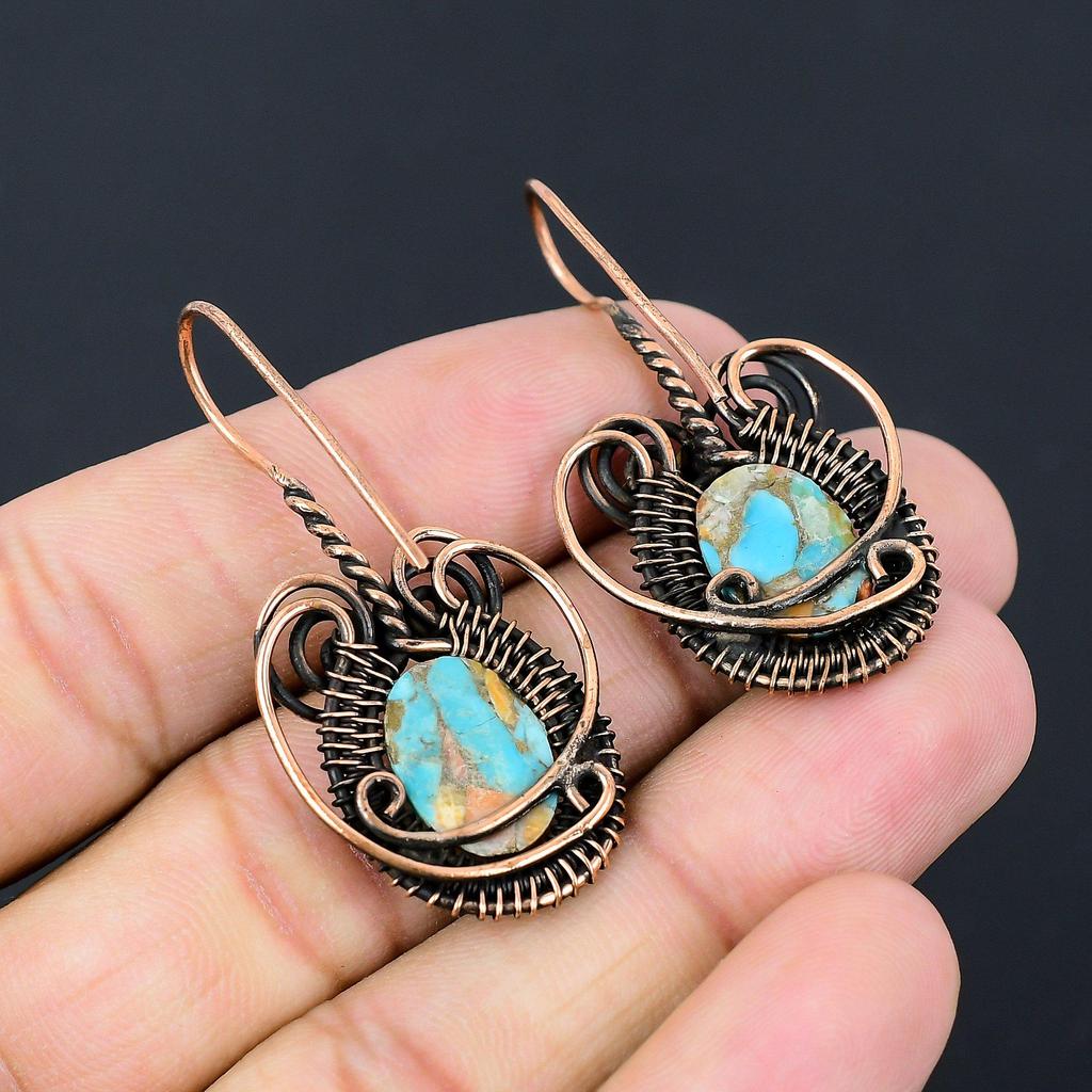 Copper Spiny Oyster Turquoise Gemstone Jewelry Pure Copper Wire Wrapped Handmade Earrings