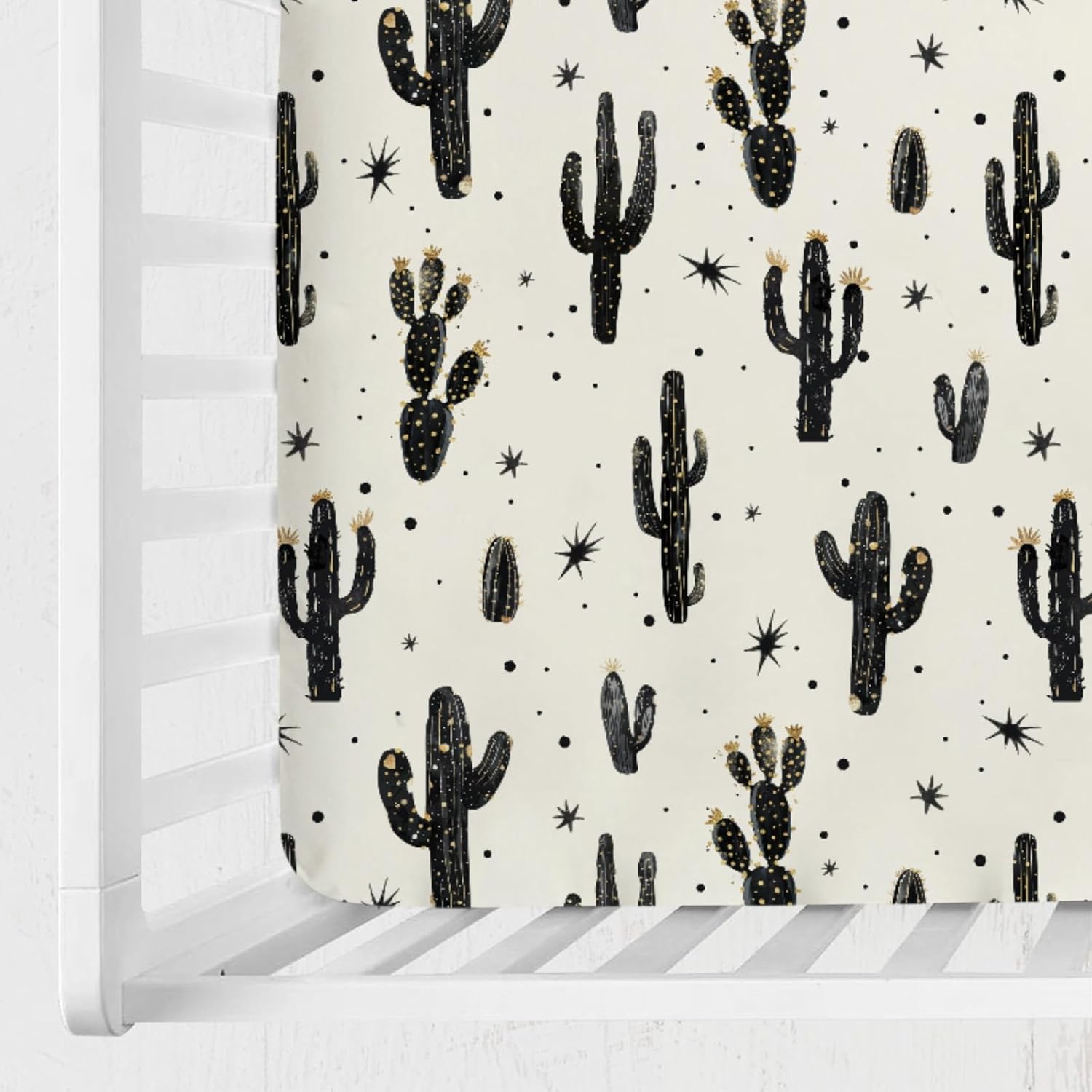 

Boho Cactus Baby Crib Sheet 52 x28 Retro Black Golden Cactus Fitted Crib Mattress Cover Wild Cactus Soft Baby Sheet for Boy Girl Western Plants One size