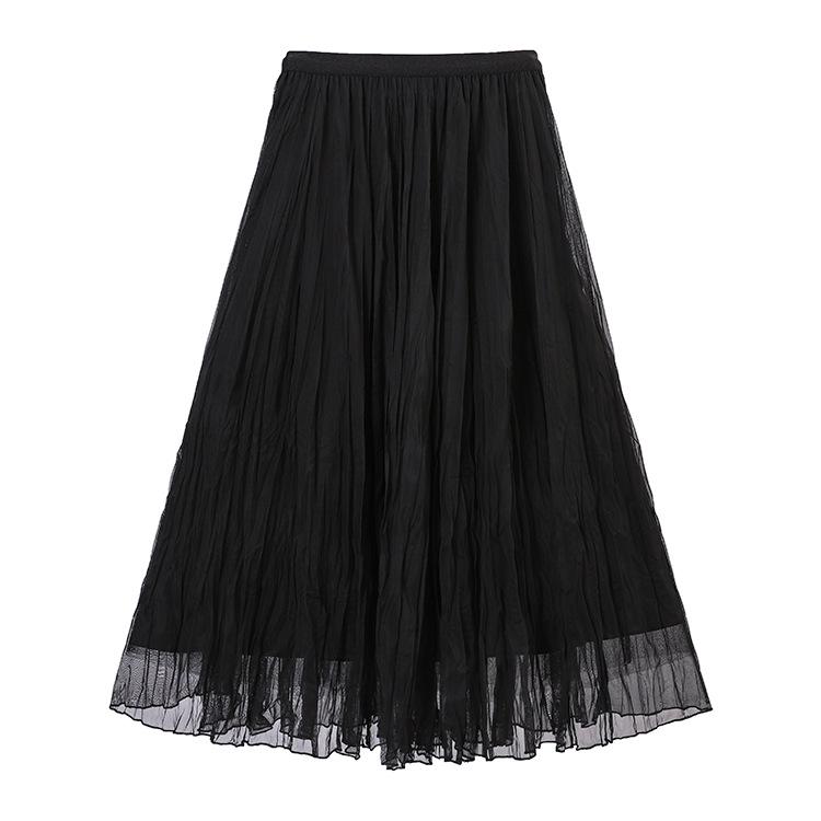 Feiyuan Women's Versatile Pleated Mesh Midi Skirt - Early Spring, Breathable, Large Hem, Commuter Style.