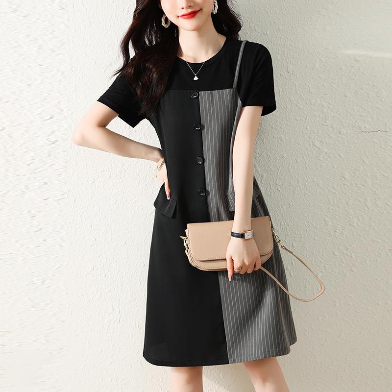 Women's summer new fashion simple splicing fake two loose casual fashion dress